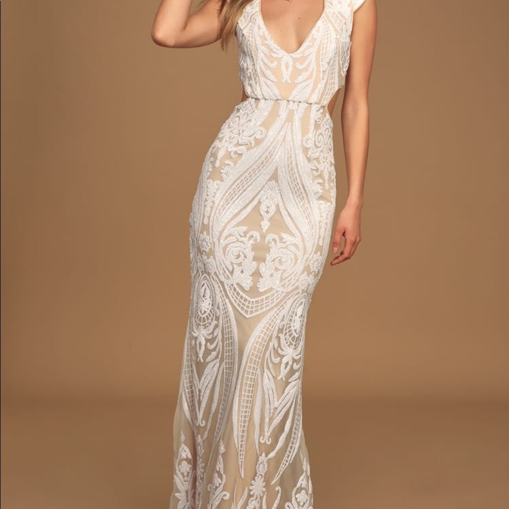 LuLu’s White and Nude Sequin Mermaid Maxi Dress